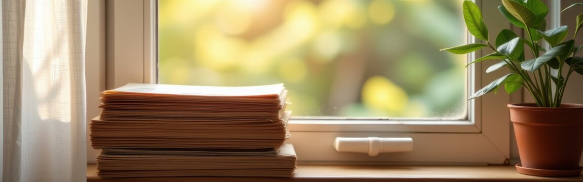 Stack of newspapers on a wooden windowsill with a potted plant and blurred outdoor background.