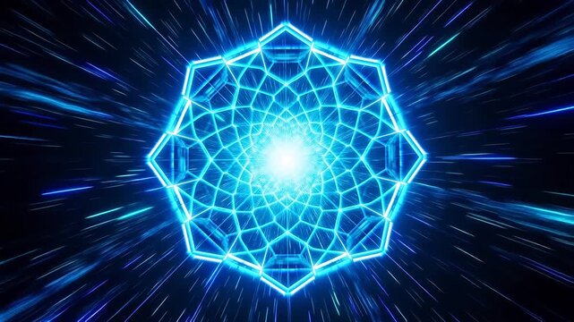 Bright blue light source surrounded by geometric polygonal mesh structures on black background