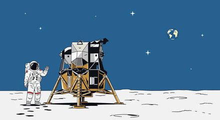 Astronaut Waving Beside Lunar Lander on Moon Surface with Earth in Background © Lemah