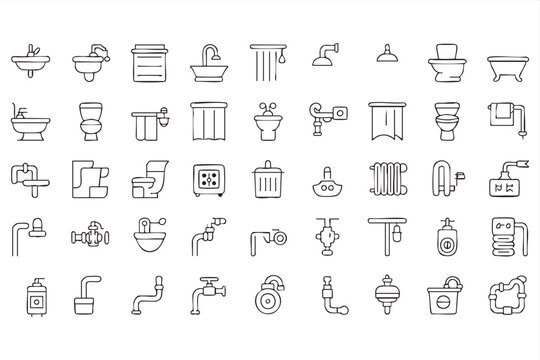 Plumbing Fixture Icon Pack With Pipes, Valves, Taps and Bathroom Equipment