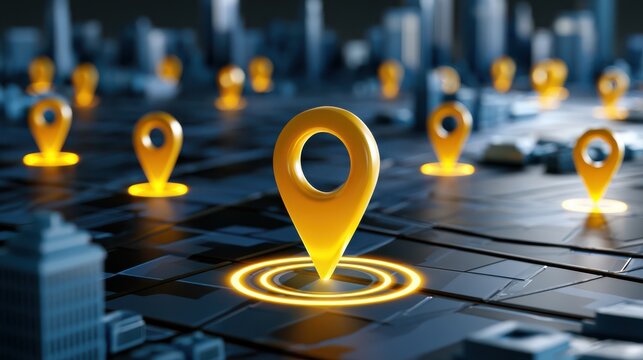 Glowing yellow location pins on a dark digital map, illustrating navigation, geolocation, and spatial data concepts.