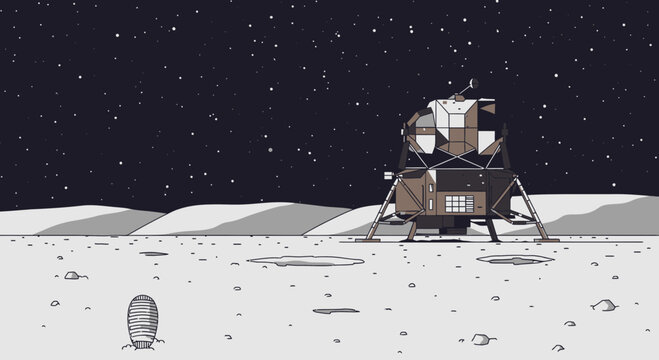 Lunar Lander on Moon Surface with Starry Night Sky