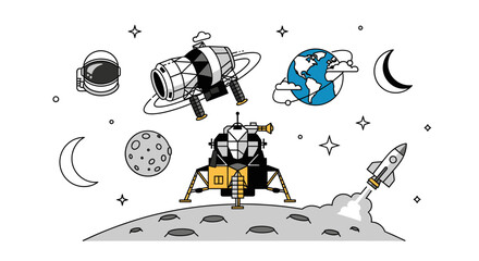 Space Exploration: Rocket, Lunar Module, Astronaut Helmet, Earth, Moon, Stars © Lemah