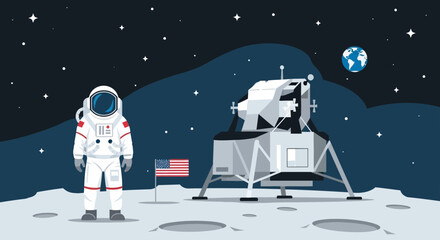 Astronaut and Lunar Lander on the Moon surface with Earth in the background © Lemah