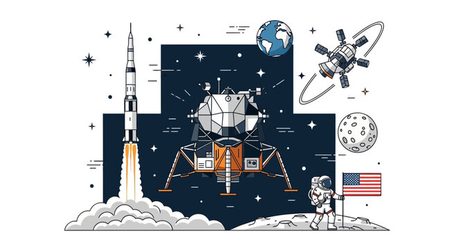 Space exploration: rocket launch, lunar module, astronaut on moon, earth, moon, satellite