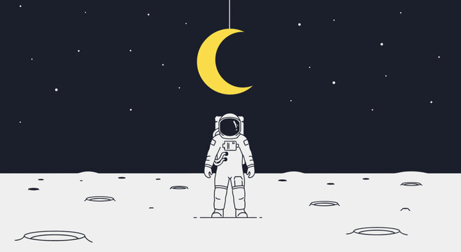 Astronaut looking at crescent moon on alien planet surface under starry night sky