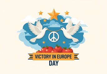 Victory in Europe Day celebration with doves and peace sign and strawberries