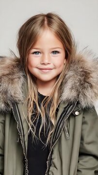 A young girl stands confidently in a warm parka with a fur hood. She has long hair and wears black clothes paired with sturdy boots, perfect for a chilly day.