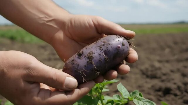 Farmer holding a freshly harvested purple potato in a field, showing organic agriculture, crop quality, food production and sustainable farming practices.
