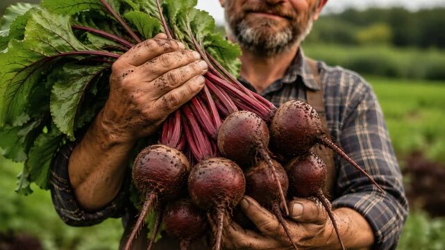 Farmer holding freshly harvested beets in a field, showing organic agriculture, crop production, healthy nutrition and sustainable rural farming lifestyle.