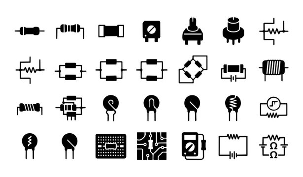 Resistor and Circuit Component Icon Set: Minimalist Solid Illustrations for Electronic Engineering, PCB Design, Electrical Circuitry, and Hardware Prototyping Symbols
