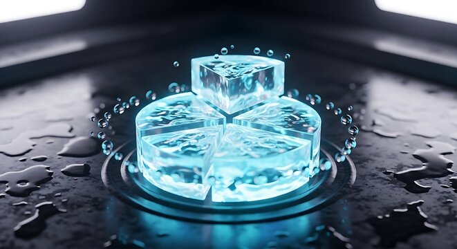 Glowing Blue Ice Cubes on Dark Surface.