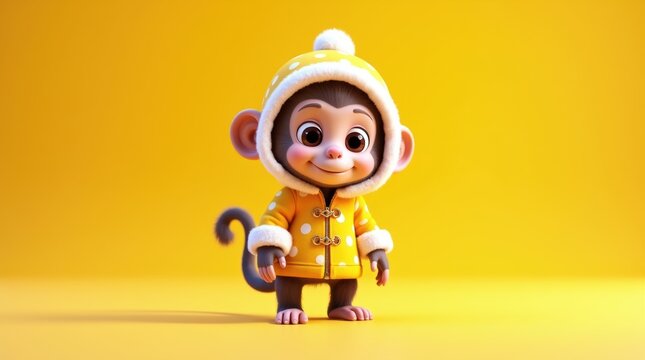 Cute cartoon monkey wearing a yellow polka dot winter coat and hat standing on a bright vibrant yellow background for kids and nursery design