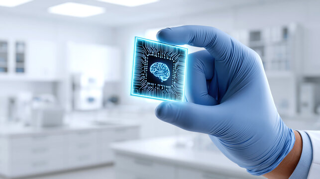 Gloved hand holding glowing neural chip with brain icon, futuristic medical lab scene, high tech research and diagnostics, clinical precision