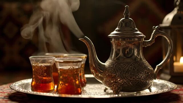 Elegant silver teapot pouring hot tea into traditional glass cups with rising steam on a decorative tray in this cinematic slow motion 4k video sequence