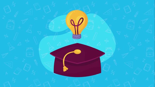 Graduation cap and lightbulb animation on blue educational background featuring school supplies icons for e-learning concept.