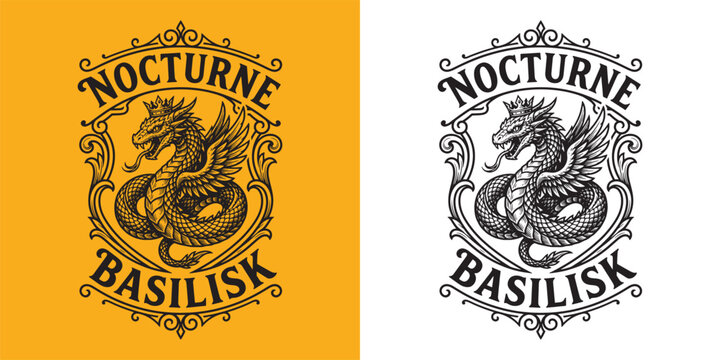 Nocturne Basilisk Winged Serpent Dragon Mascot with Crown and Decorative Scrollwork