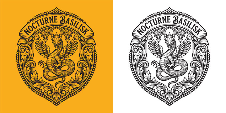 Nocturne Basilisk Winged Dragon Mascot in Gothic Cathedral Arch Shield Crest