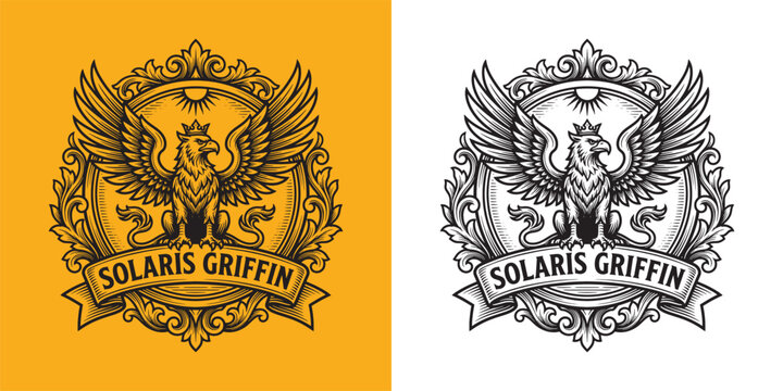 Solaris Griffin Crowned Mythical Creature Heraldic Emblem with Sunburst and Floral Frame