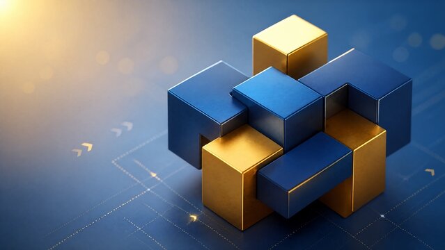 An abstract teamwork concept with interlocking geometric shapes in blue and gold, set against a clean gradient background.