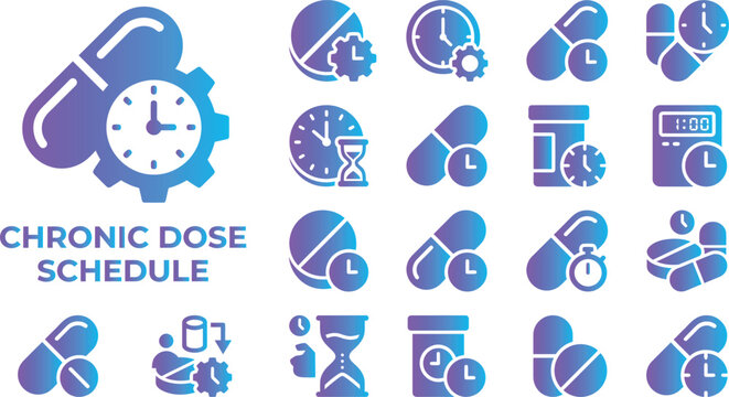 Chronic dose schedule icons depicting pills capsules and time management for medication.