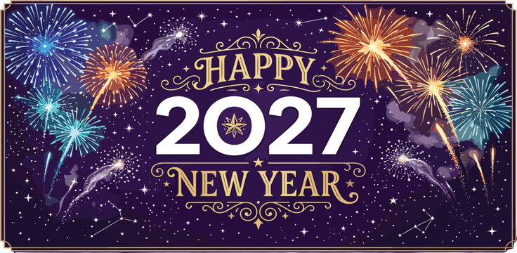 Happy New Year 2027 Celebration Banner with Vintage Typography, Elegant Gold Filigree Frame, Sparkling Constellations, and Colorful Fireworks over Dark Purple Starry Sky Background