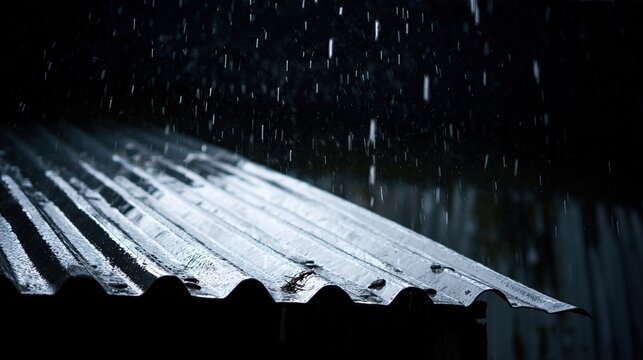 hailstones. Heavy rain and hailstones hitting corrugated metal roof during storm. ESG reports, sustainability campaigns, designed for sustainability communications and ESG reporting.