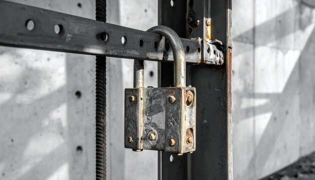 Heavy iron padlock and steel hasp secured on a rugged industrial blast portal frame, showcasing a cinematic wide view of raw metal textures and durable site security in a gritty architectural space.