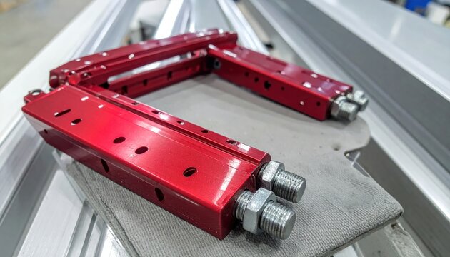 Industrial red anodized aluminum mounting brackets with stainless steel hardware, precision engineered mechanical components for modular framing and heavy duty structural assembly applications.