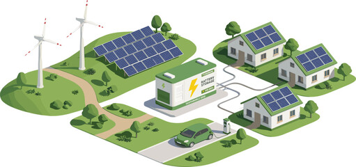 Isometric Eco Suburb and Smart Grid with Centralized Battery Storage Container, Sustainable Solar Rooftop Houses, Wind Turbines, and Electric Car Charger Vector Graphic Illustration © MstRuna