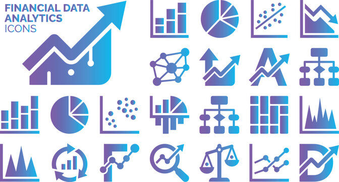 Financial data analytics icons collection digital growth charts analysis finance planning and strategy.