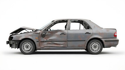 Obraz premium Damaged gray car with broken windows and dented body on white background