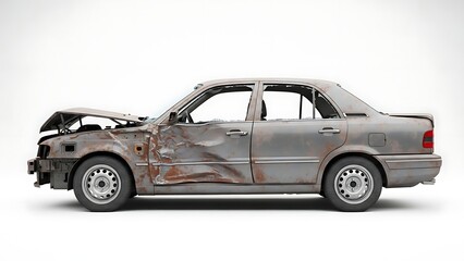 Fototapeta premium Damaged old gray car with rusty body and broken windows on white background