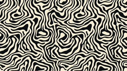Fototapeta premium Seamless pattern featuring organic black and white wavy fluid lines resembling wood grain or topographic map contours on a light cream background