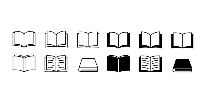Minimalist book icon set, 12 black and white open book symbols, linear and solid education graphic elements for web design and publishing