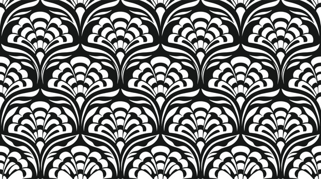 Seamless deco pattern with stylized fan shapes in black and white, geometric repeating wallpaper for interior decoration and textile prints