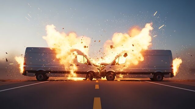 Two white vans crash and explode on a highway road  massive fireball and smoke