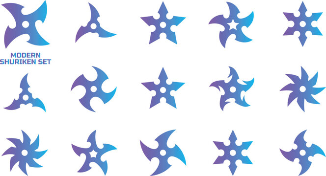 Modern shuriken set vector illustrations of ninja stars throwing weapons blue purple gradient.