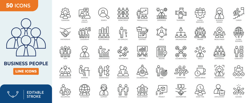 Business people icon set. Editable stroke. Vector illustration
