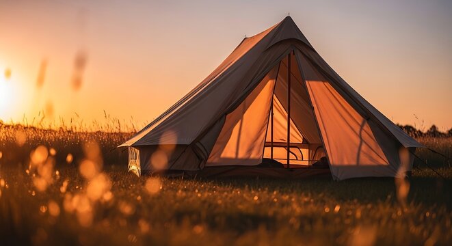 Camping tent in a field at sunset.