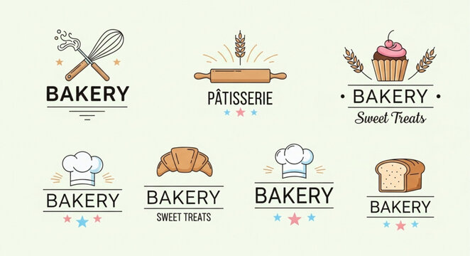 Collection of bakery logos and icons for branding.