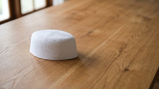 White Islamic Prayer Cap on Wooden Table for Eid Celebration
