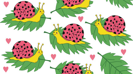 Cute Snail Seamless Pattern Featuring Ladybug Themed Snails on Green Leaves with Pink Hearts for Nursery Textile and Kids Stationery Designs © Art by Chandon