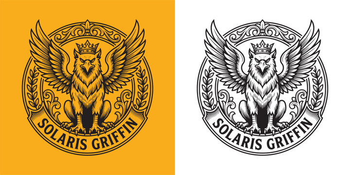 Solaris Griffin Mythical Creature Heraldic Emblem with Crown and Laurel Wreath