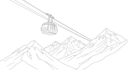 Cable Car Ascending Snowy Mountain Peaks Line Art Illustration © kuni