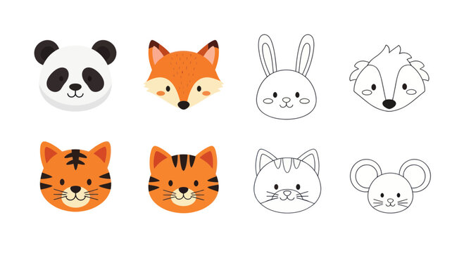 Cute Animal Faces Collection: Panda, Fox, Tiger, Cat, Rabbit, Mouse, Hedgehog