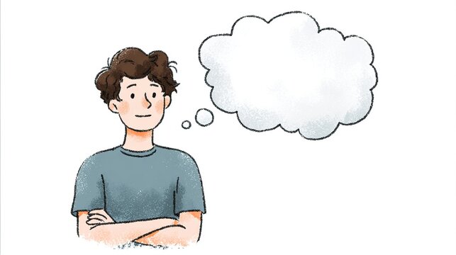philosophy. A person with a thought bubble, illustrating creativity and introspection in a minimalist space. wellbeing guides.