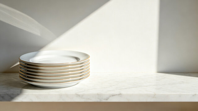 White plates gold rim stack