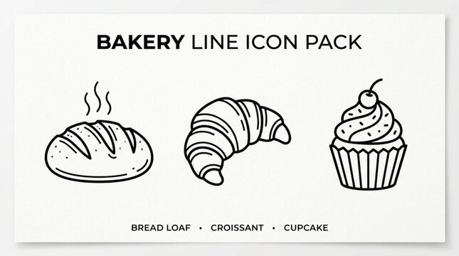 Bakery line icon pack with bread croissant and cupcake illustrations.