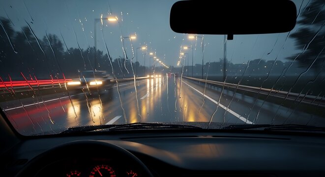 Driving in the rain wet highway at night with vehicle lights and reflections